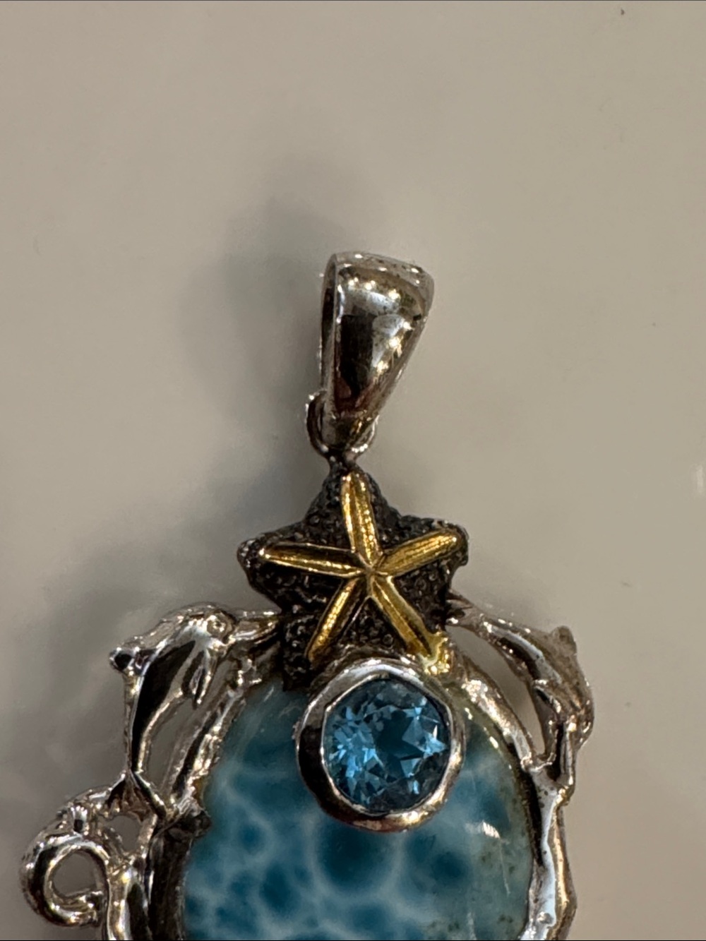 Larimar and Blue Topaz Starfish Dolphin Pendant - Silver - Picture 3 of 7
